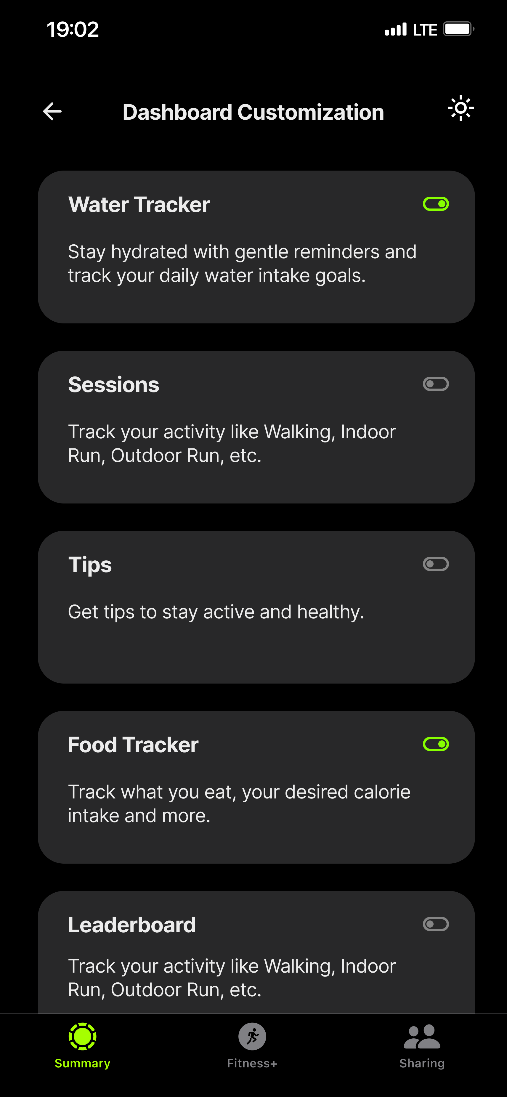 Fitness app: Dashboard customisation