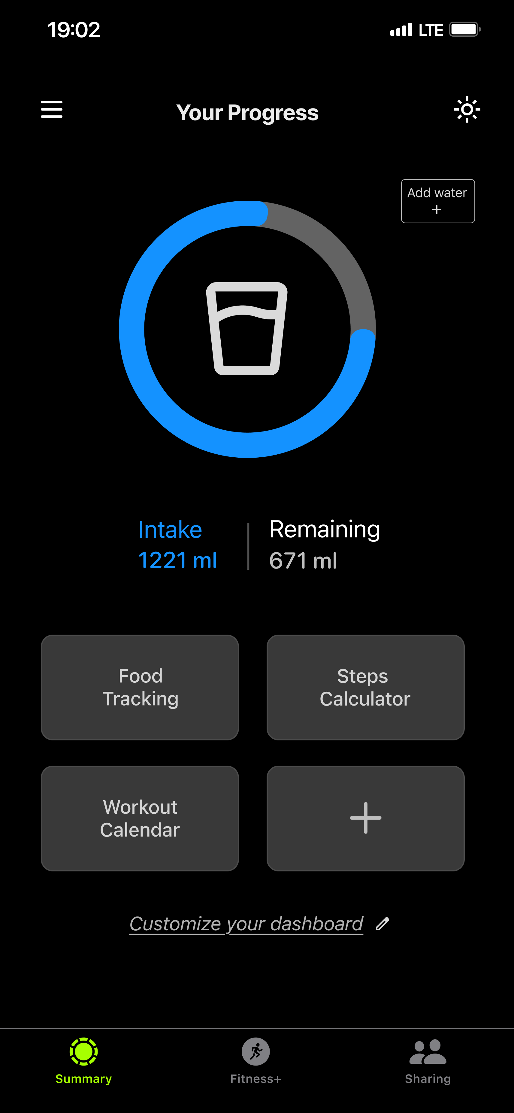 Fitness app: Water intake progress