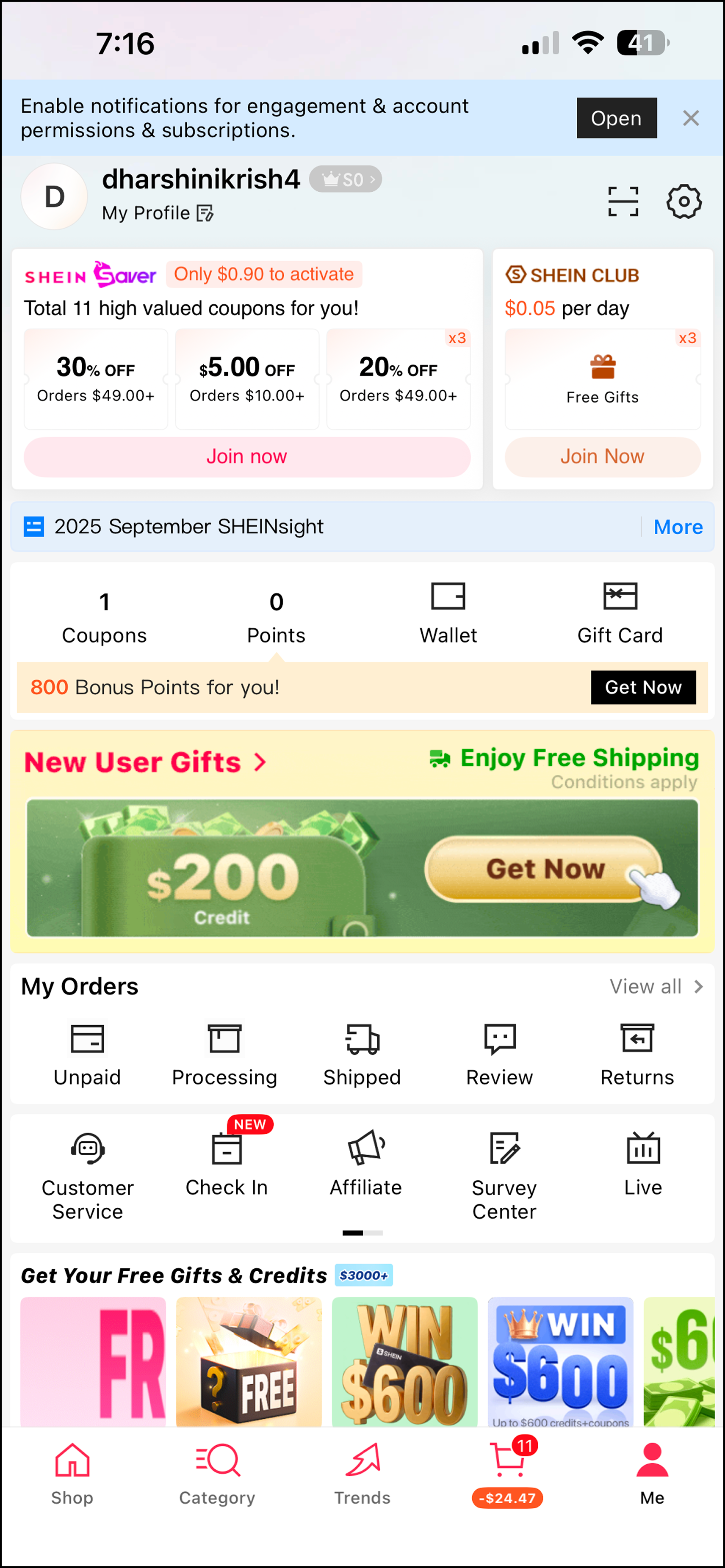 SHEIN: Clean profile for orders