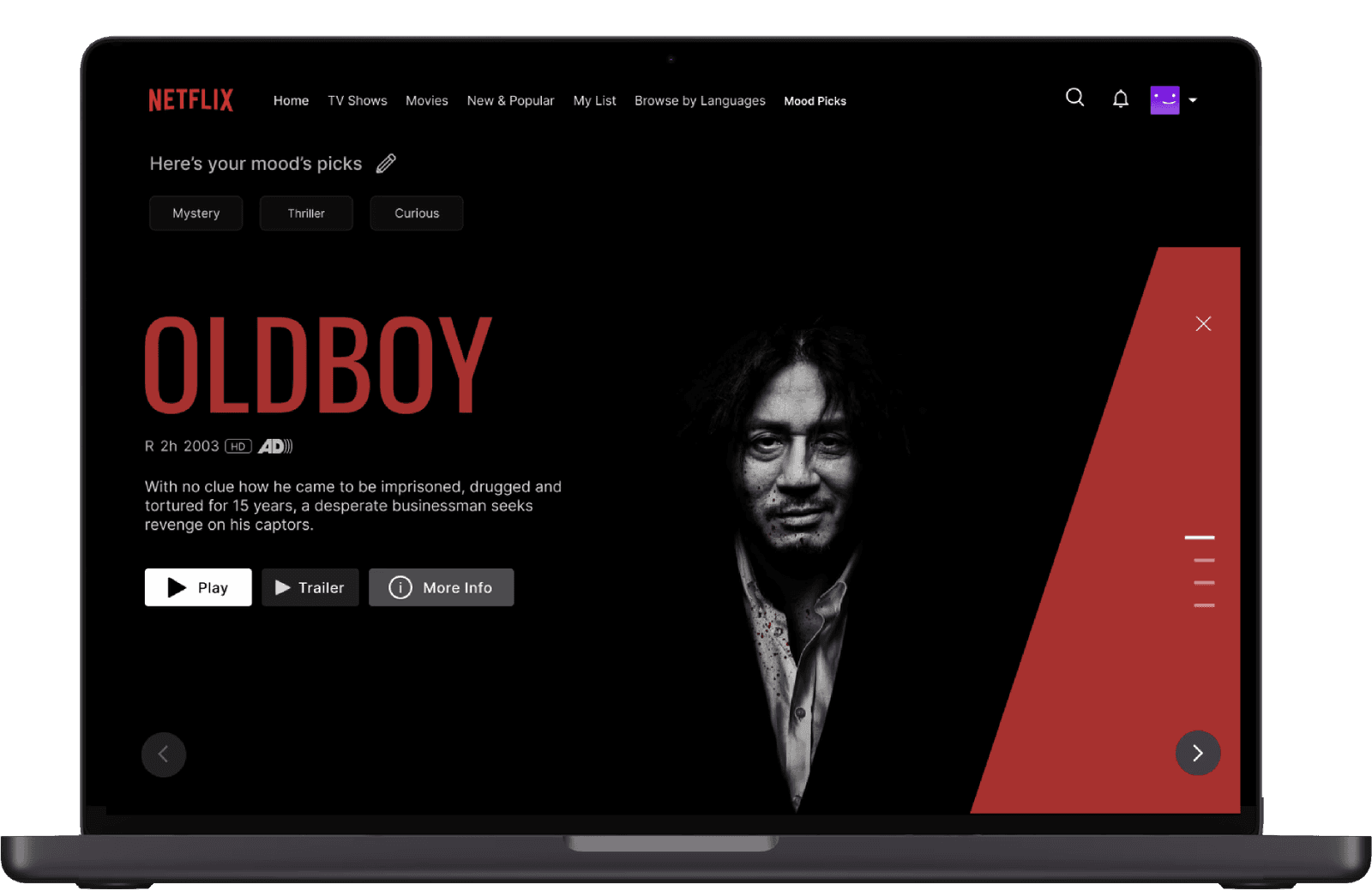 A single Mood Picks result for Oldboy, tagged Mystery, Thriller and Curious, with Play, Trailer and More Info buttons and arrows to try another