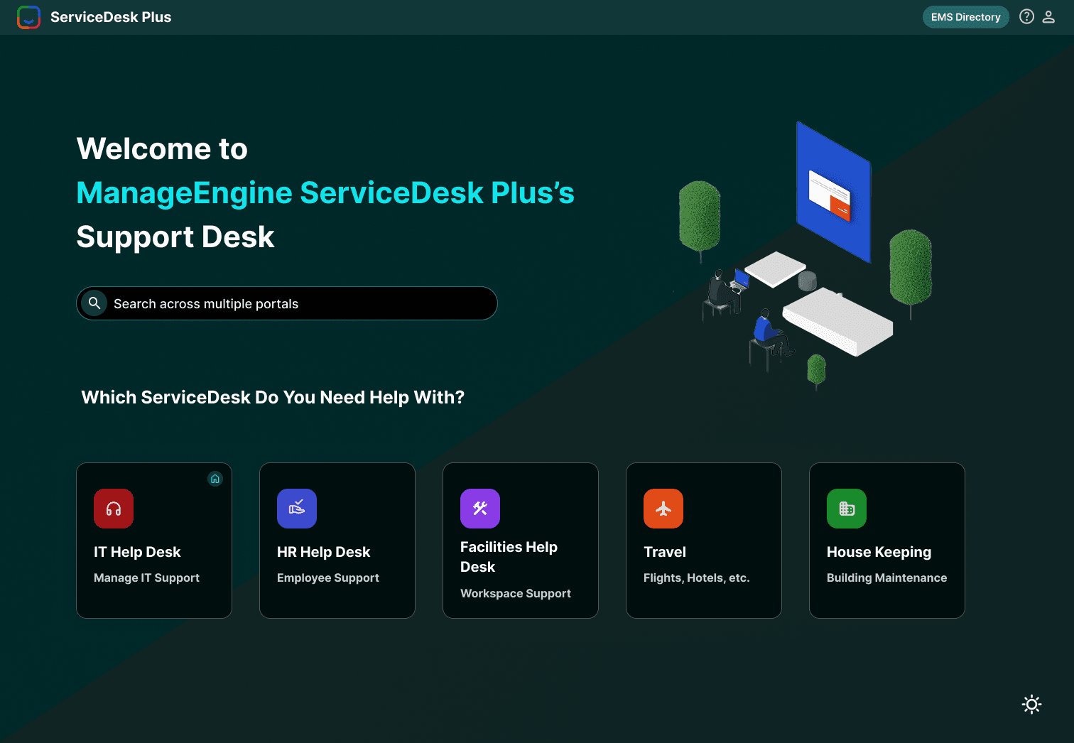 The ServiceDesk Plus self-service portal in the rebuilt dark mode, with colour-coded help desk cards