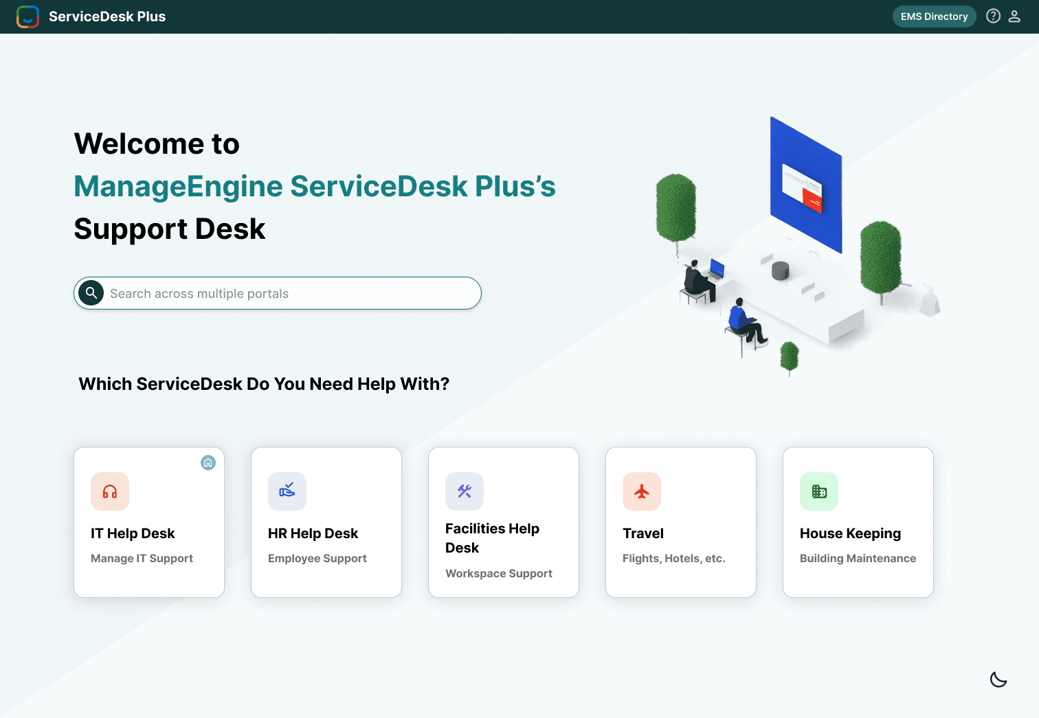 Redesigned ServiceDesk Plus self-service portal in light mode, with a search bar across portals and cards for IT, HR, Facilities, Travel and Housekeeping help desks